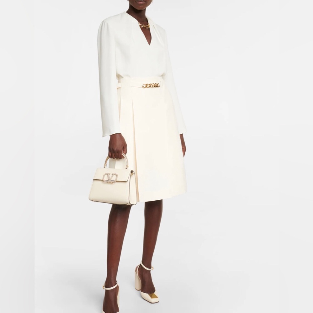$ 2500  VALENTINO VLogo Chain wool and silk midi Off White skirt  IT 44